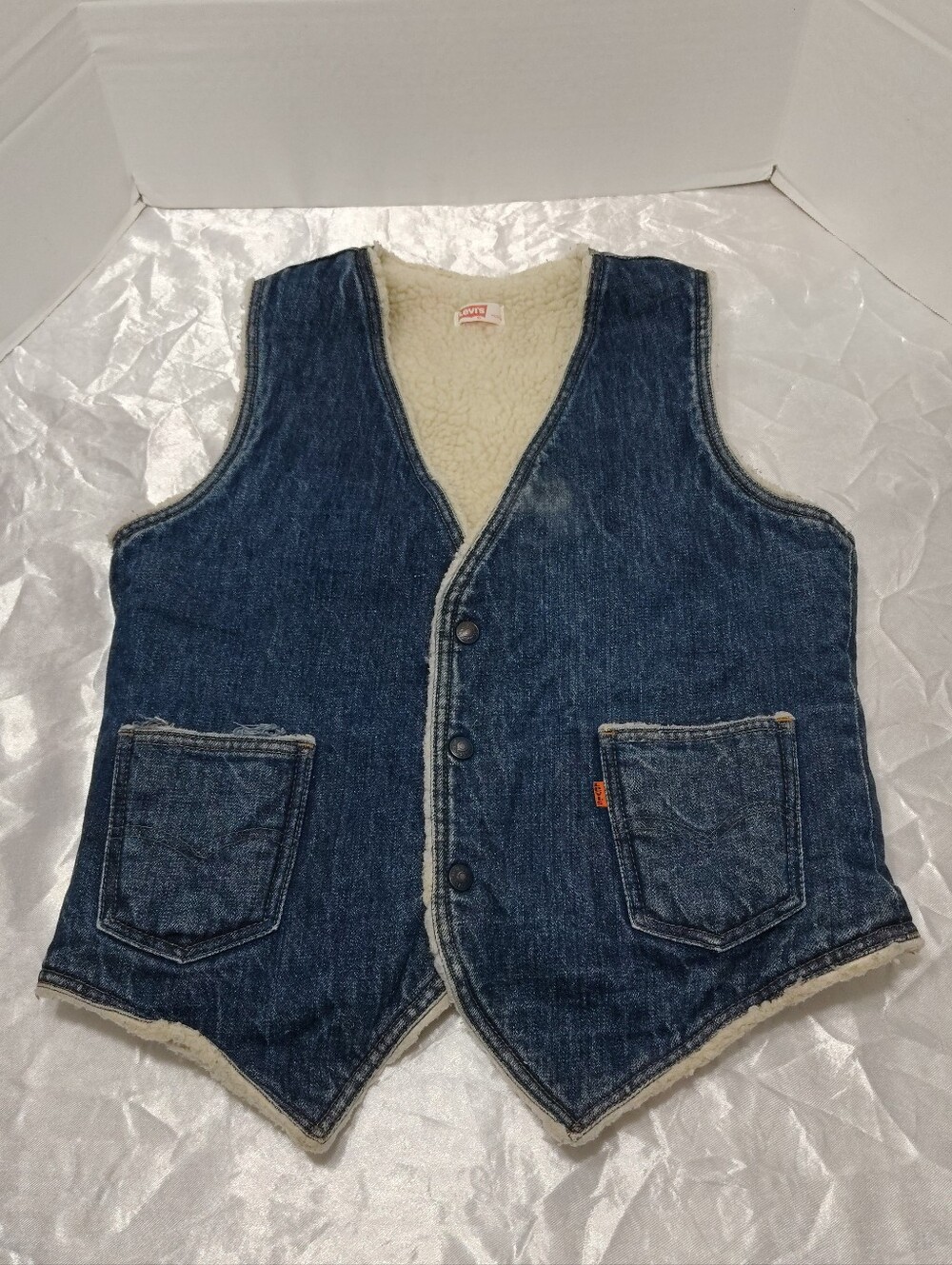 1970 Vintage Levi's Orange-tab, Men's - MEDIUM Denim Vest Lined Sherpa Fleece